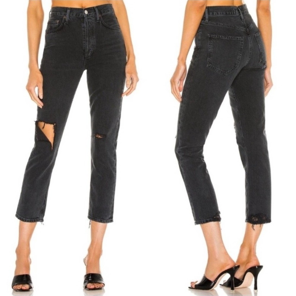 AGOLDE RILEY High Rise Straight Leg Distressed Jeans Faded‎ Black 29 CONTRABAND